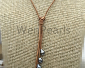 Four Tahitian pearl necklace - 9-11mm real tahitian pearl - natural color - Real leather - Le11-017