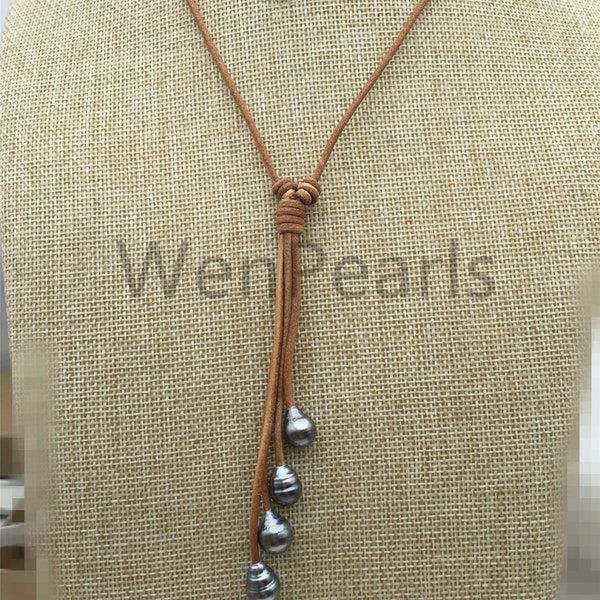 Four Tahitian pearl necklace - 9-11mm real tahitian pearl - natural color - Real leather - Le11-017