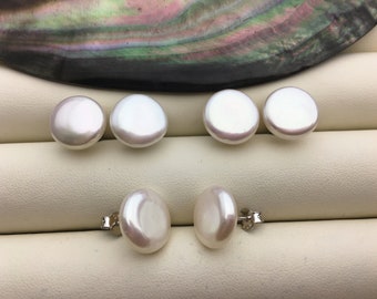 1 pair AAA 11.5-12.5mm White Coin Fresh Water pearl stud earrings,S925 Sterling Silver,dangle pearl earrings,SE3-061