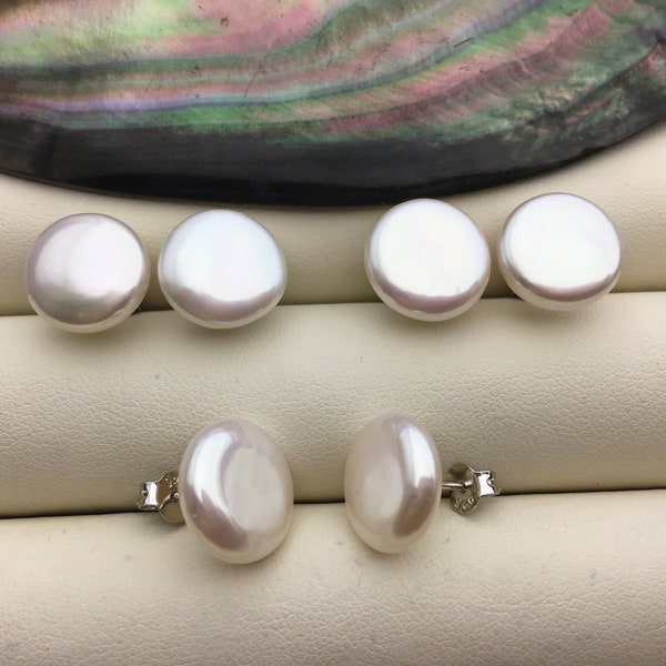 1 pair AAA 11.5-12.5mm White Coin Fresh Water pearl stud earrings,S925 Sterling Silver,dangle pearl earrings,SE3-061