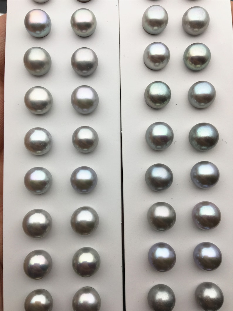 Orecchini a bottone con perle grigie AAA 5mm-10mm, bottone rotondo, Seleziona dimensione, orecchini a bottone con perle grigio argento, Argento sterling, Matrimonio, SE1-007 immagine 4