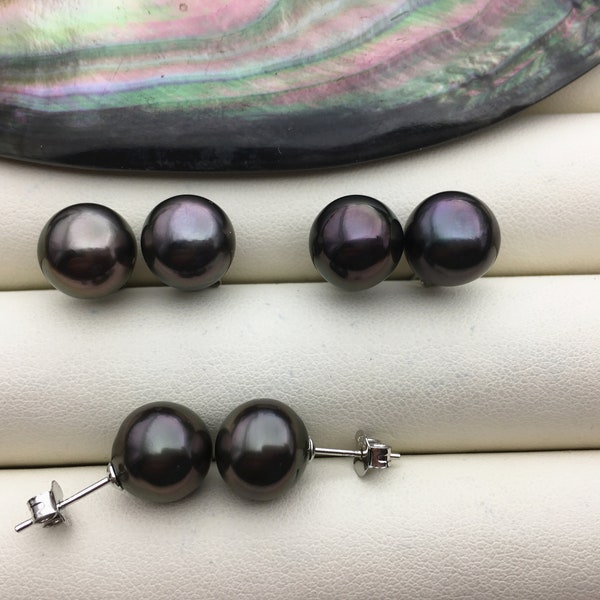 1 pair AA+ 10-11mm natural purple black near round tahitian pearl stud earrings,sterling silver,SE3-109-91