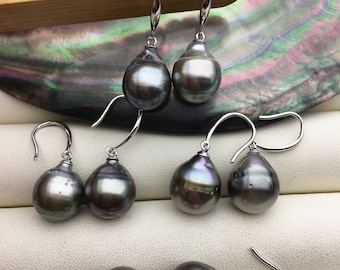 AA+ big 11-12mm Gray Tahitian teardrop pearl dangling earrings,bridesmaid earring, genuine pearl for wedding anniversary,SE3-109-24