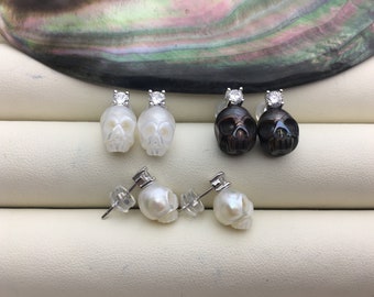 AAA White/Black Carved Skull Freshwater Pearl Stud Earrings,Pearl Earrings for Women Girls,SE3-027-20