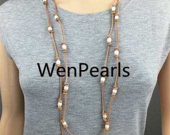 7mm white rice Freshwater Pearl and Leather Necklace,long leather necklace,Light Brwon Leather Pearl necklace,Leather pearl necklace,Le1-053