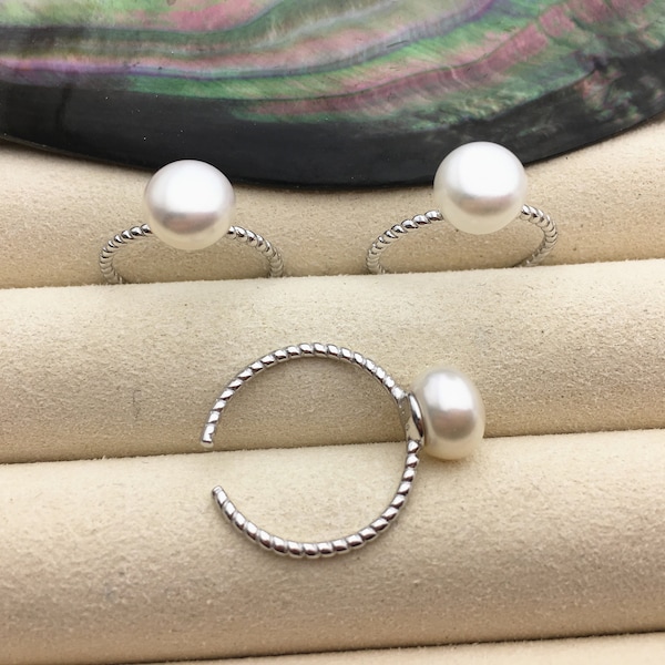 AAA single white button round Pearl Twist Sterling silver ring,wedding rings for women,sterling silver 925 open ring jewellery,R1-059