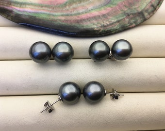 1 pair AA+ 11-12mm natural gray black near round tahitian pearl stud earrings,sterling silver,SE3-109-34