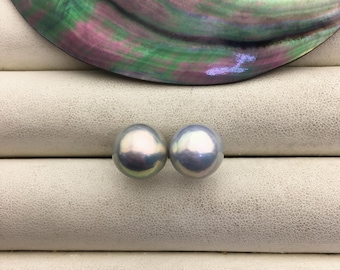 1 paio di orecchini a perno con perle rotonde Edison grigie arcobaleno di qualità AAA, 11-12 mm, modello SE3-T9-62