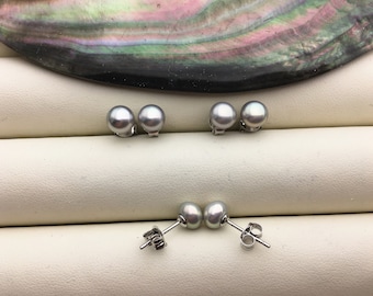 1 pair AAA 6-7mm tiny light gray pearl stud earrings,Sterling Silver,SE1-T15