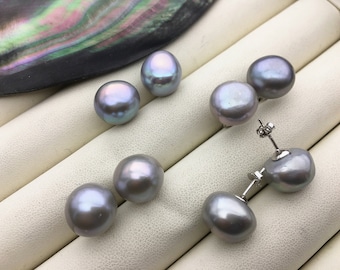 AAA 12-13mm big gray purple baroque Pearl Stud Earrings,freshwater pearl earrings,Wedding,classic pearl studs,SE1-069-5