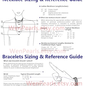 May include: A guide for necklace and bracelet sizing, with illustrations of a woman's neck and a hand wearing a bracelet. The guide includes measurements in inches for different necklace lengths, such as choker, collarbone, and below the neckline. It also provides typical bracelet lengths for different wrist sizes, including small child/petite adult, average adult, and larger adult.