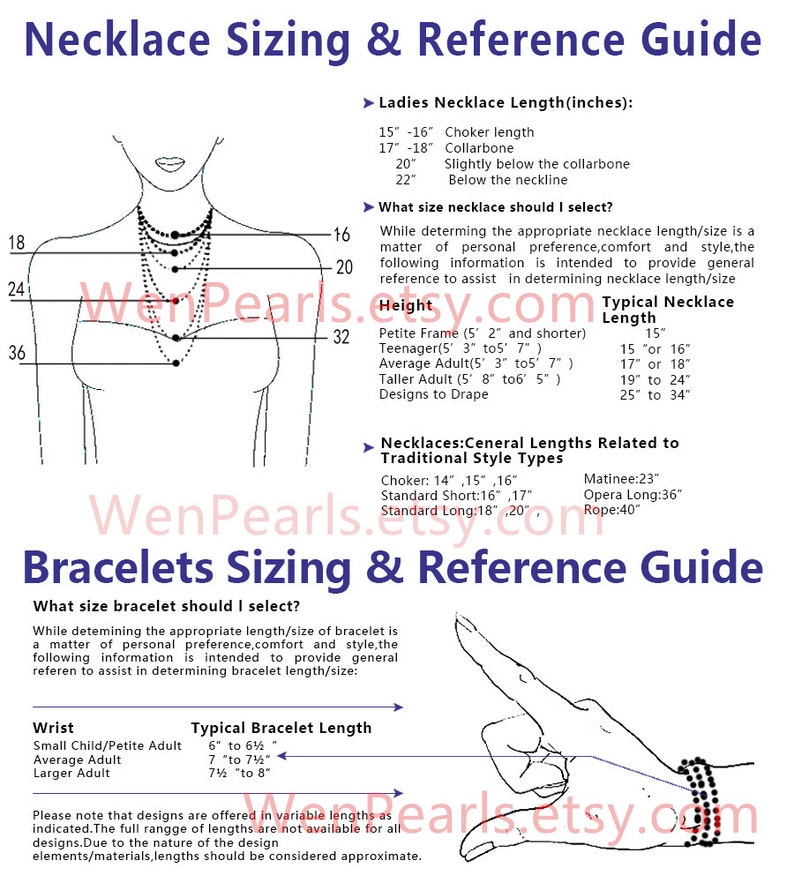 May include: A guide for necklace and bracelet sizing, with illustrations of a woman's neck and a hand wearing a bracelet. The guide includes measurements in inches for different necklace lengths, such as choker, collarbone, and below the neckline. It also provides typical bracelet lengths for different wrist sizes, including small child/petite adult, average adult, and larger adult.