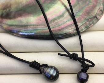 13-15mm Huge Teardrop Drop Tahitian Pearl Leather  Necklace,Pearl Leather Necklace,Black Pearl,Black Leather Pearl necklace,Le11-019