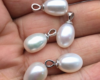 AAA 9-10mm White LONG oval pearl pendant necklace,Select Pearl Color - Rice Pearl necklace -  925 silver chain - NC1-068