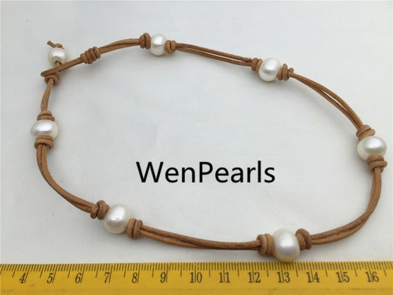 ★PEARLY MORE★ Ball Point Leather String Necklace Leather, Freshwater Pearls, Necklace, Pearl Necklace