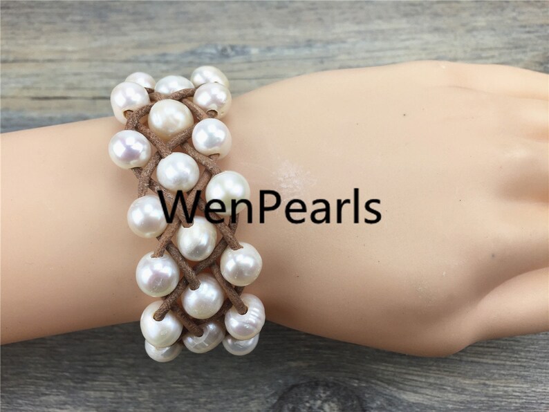 Three Rows Pearl Braceletleather Pearls Bracelet Handmade Etsy