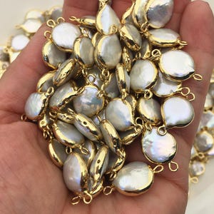 5pcs AA+ 12-13mm White Coin Pearl Double Bail Connector Charm Pendant with Gold Electroplated Edge for make bracelet necklace,EDG-037