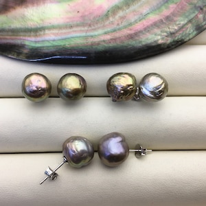 2 pairs AA+ 10-11mm gray baroque near round edison pearl stud earrings,S925 Sterling Sliver stud earrings,SE3-T64