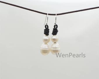 White Pearls and  Leather Earrings- fashion earrings, Genuine freshwater pearl - Real leather - Select Leather Color - Le51-001