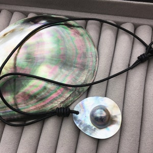 Peut inclure: Collier avec pendentif en coquille d'ormeau et cordon en cuir noir. Le pendentif est irisé avec un centre sombre en forme de perle. Une grande coquille d'ormeau est en arrière-plan, et une petite perle bleu foncé orne le cordon.