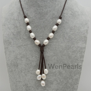 White big Rice pearl leather drop necklace,Pearl and Leather Lariat Necklace,Leather Pearl necklace,Le4-102