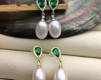 Vintage AAA white rice pearl cz stud earrings,pearl for women for girl,SE3-107