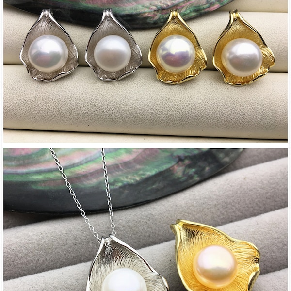 AAA white pearl Silver/Gold Lotus leaf pendant necklace,S925 Sterling silver pendant,button round Pearl necklace - NC1-057