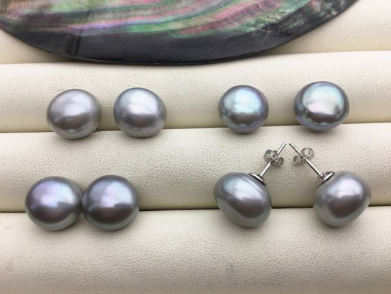 AAA 12.5-13mm Big Gray Baroque Pearl Stud Earrings