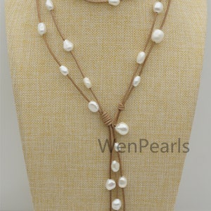 Two Rows Nugget pearl leather necklace,Long necklace,Leather Pearl necklace,Leather baroque pearl necklace,Le4-082