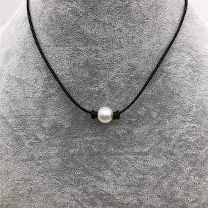 11-13mm Big White Round Pearl Leather Choker,White Freshwater pearl, Black Leather Pearl necklace,Select leather color,Le5-003
