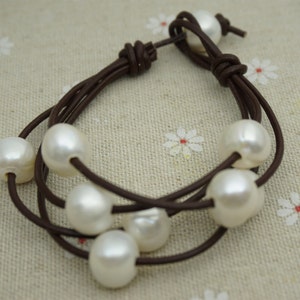 Leather Pearls Bracelet, Handmade Cuff,White Pearls on Brown Leather,Black leather bracelet,Le7-072