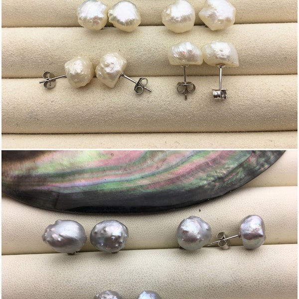 Rare!10-11mm White/Gray Natural Rare Rosebud Freshwater Pearl Stud Earrings,thorn pearl,SE3-067