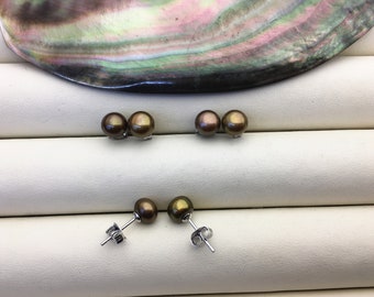1 pair AAA 6-7mm Brown Stud Earrings,Sterling Silver,Wedding,classic pearl studs,SE1-T22