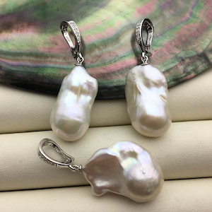 1 pièce AAA 14-16 mm perle baroque blanche collier pendentif plume, pendentif en argent sterling S925, NC1-041-2