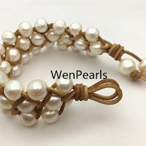 Three rows pearl bracelet,Leather Pearls Bracelet, Handmade Cuff,White Pearls on Brown Leather,Black leather bracelet,Le7-076
