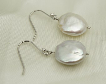 AAA White Coin Pearl Dangle Earrings- S925 silver pearl dangle earrings,SE3-105