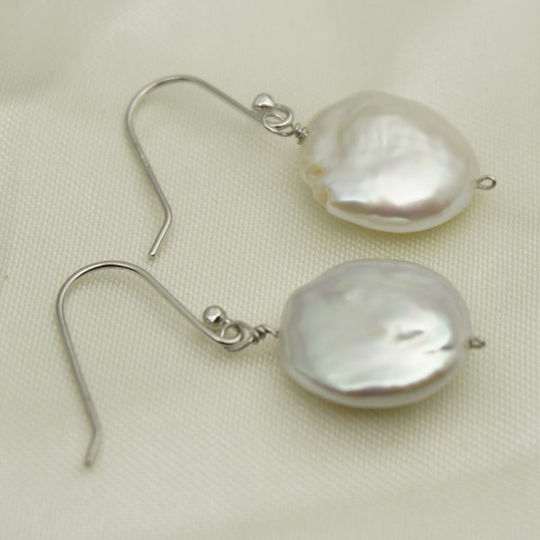 AAA White Coin Pearl Dangle Earrings- S925 silver pearl dangle earrings,SE3-105