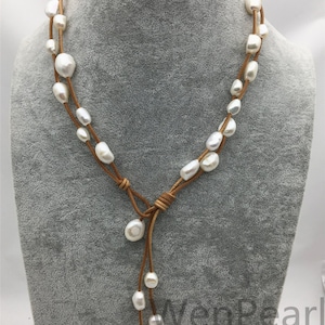 Two Rows Baroque pearl leather necklace,Pearl and Leather Lariat Necklace,Leather Pearl necklace,Leather baroque pearl necklace,Le4-024