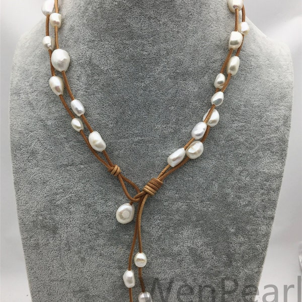 Collier en cuir perlé baroque à deux rangées, collier Lariat en cuir et en cuir, collier de perles en cuir, collier de perles baroques en cuir, Le4-024