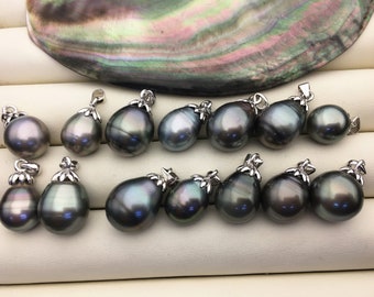 1pc 9-14mm Gray Green Genuine Tahitian Pearl Pendant, natural color sea pearl,pearl necklace -  925 silver chain - NC1-018