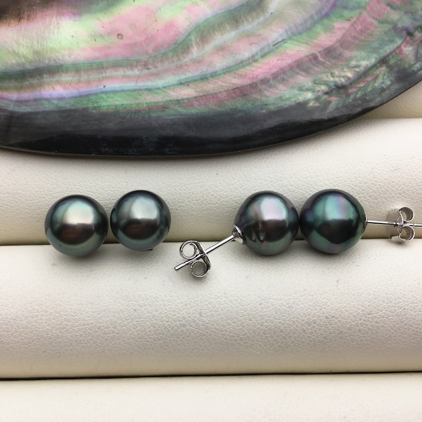 1 pair AA+ 9-10mm natural green near round tahitian pearl stud earrings,sterling silver,SE3-109-87