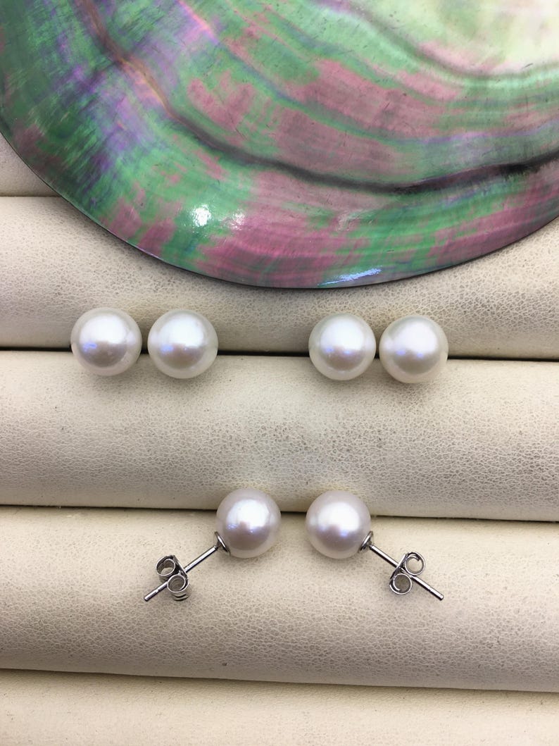 AAA 9-9.5mm White Round Fresh Water pearl stud earrings,Bridal Earrings-Wedding Jewelry-Bridal jewelry-Birthday gift,SE3-090 image 3
