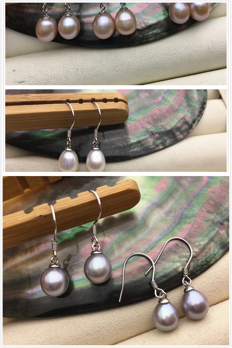 AAA 7.5-8mm white/purple/gray rice freshwater pearl dangle earrings,S925 Sterling Sliver pearl earrings,pearl for women,SE3-110 image 1