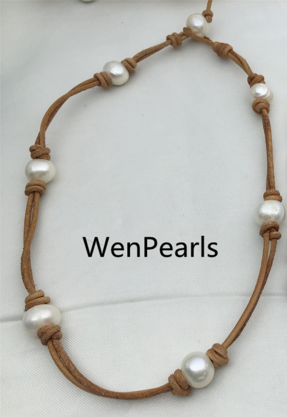 ★PEARLY MORE★ Ball Point Leather String Necklace Tahitian Pearl and Leather Necklace ,floating Pearl and