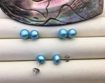 Boucle d'oreille perle bleu clair AAA 8-8,5 mm, boucles d'oreilles perle turquoise, clous d'oreilles perle, SE1-T30