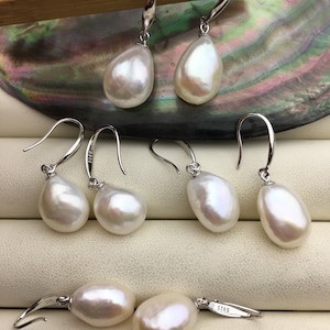 1 pair AAA 11mm White nugget pearl dangle earrings,S925 sterling silver,wedding pearl earrings,SE3-021