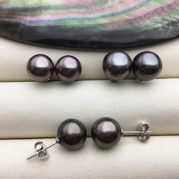 1 pair AA+ 9-10mm natural purple near round tahitian pearl stud earrings,sterling silver,SE3-109-86