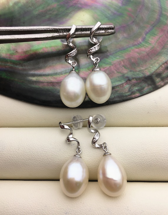 AAA 9mm White rice pearl cz stud earrings zircon S925 Sterling Sliver pearl earrings pearl for women for girl SE3 020
