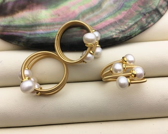Gold Open white pearl ring,inexpensive engagement rings,fashion rings,fake diamond rings real pearls,inexpensive ring,R1-088-4