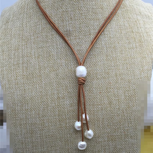 Freshwater Pearl and Leather Lariat Necklace, Light Brwon Leather Pearl necklace, Leather baroque pearl necklace,Le1-070